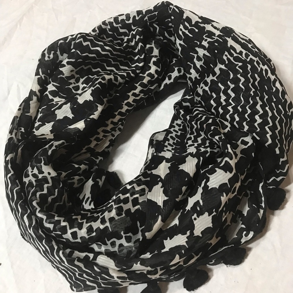 J. Crew silk white/black snood/scarf with tassels